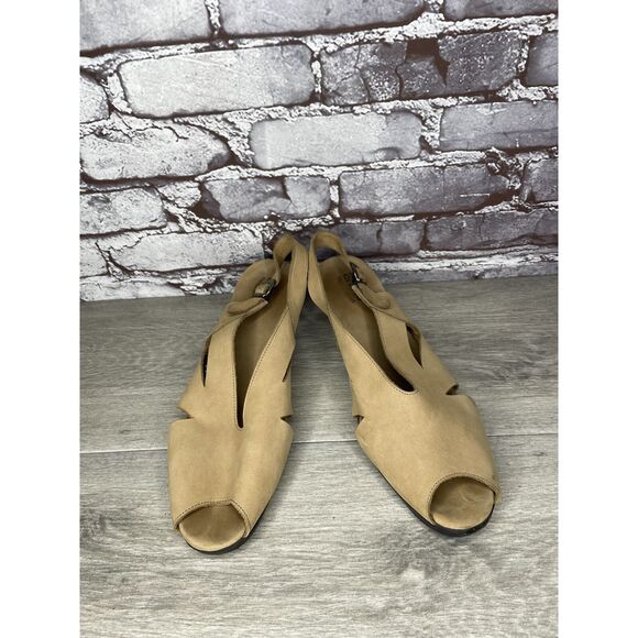 ARCHE Tan Brown Nubuck Leather Peep Toe Slingback Wedge Women’s Sz 42EU/11M US - Picture 11 of 16